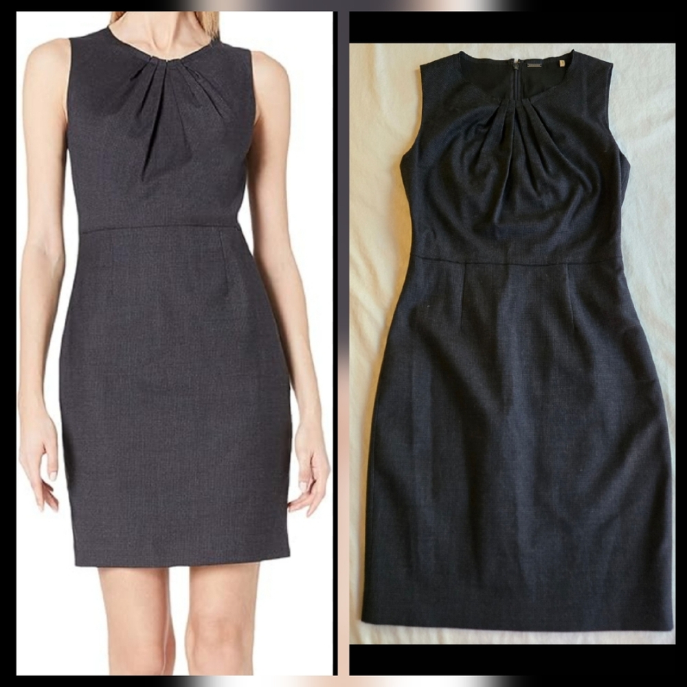 Elie Tahari Wool Blend Navy Charcoal Houndstooth Check Dress academia
